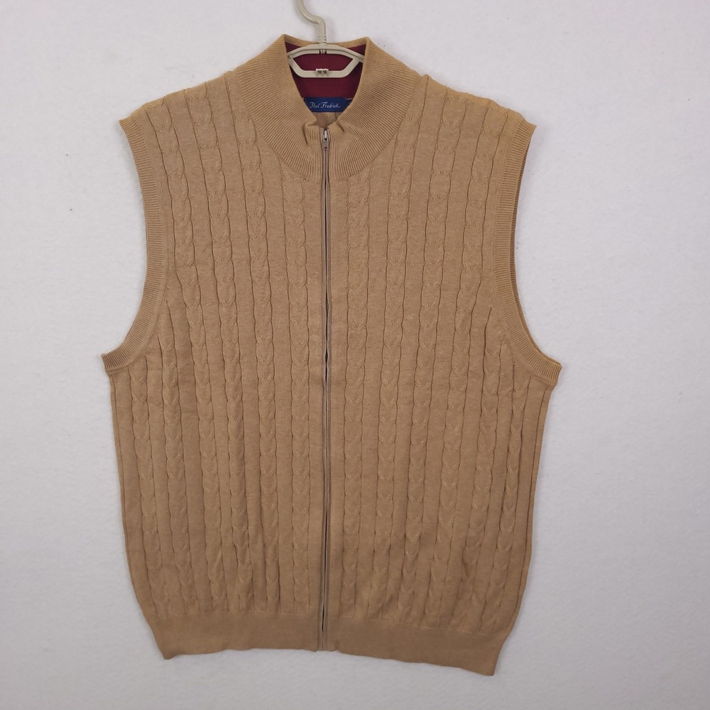 Paul Fredrick Sweater Vest Mens 3XL Tan Cable Knit Zip Up Cotton Sleeveless